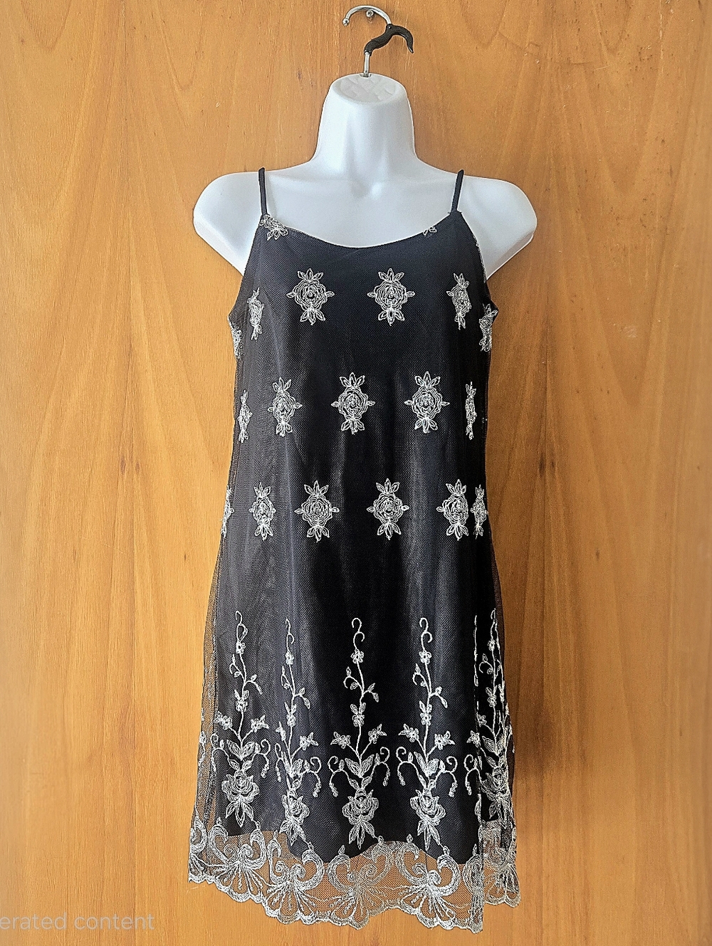 Vintage 90's Black Mesh Slip Dress with White Floral Accents